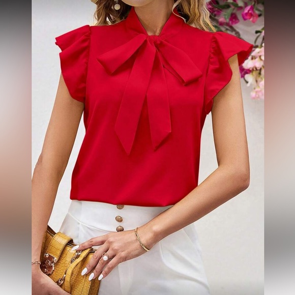 Elegant Red Women's Top with Bow Detail - Picture 1 of 15